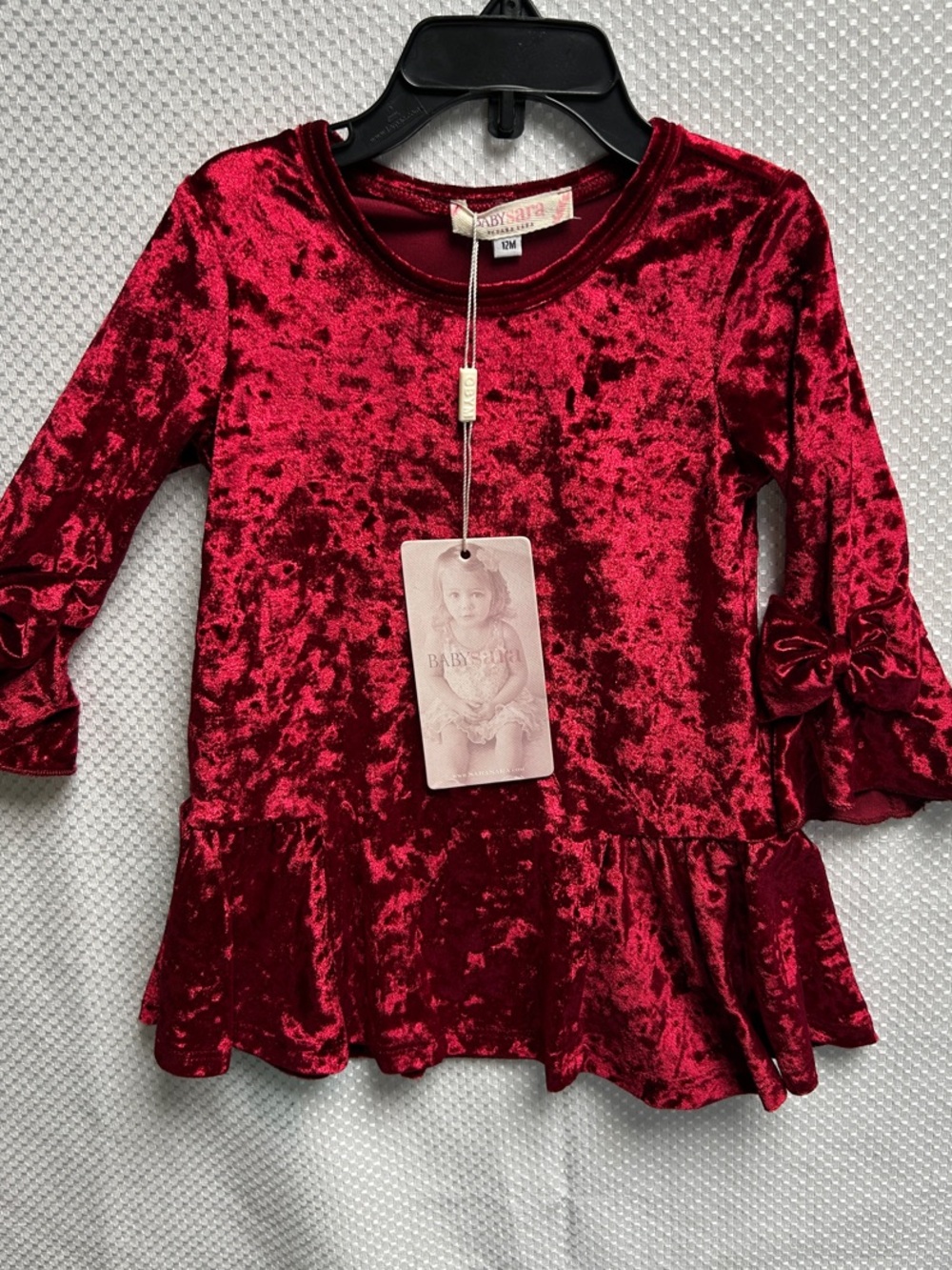Baby Sara Girls' Burgundy Crushed Velvet Peplum Dress. 12 months. NWT